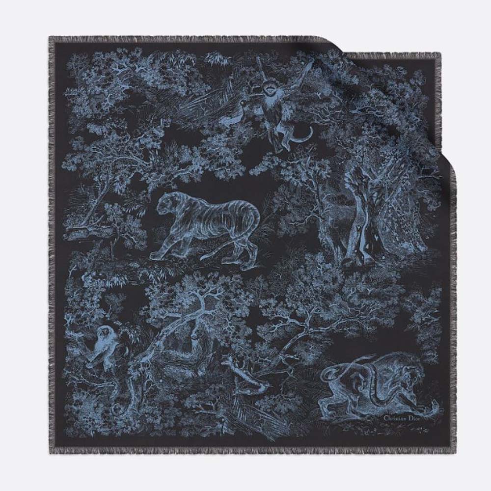 Front view of Dior Women Toile DE Jouy Reverse Square Scarf Silk Twill-Navy folded neatly