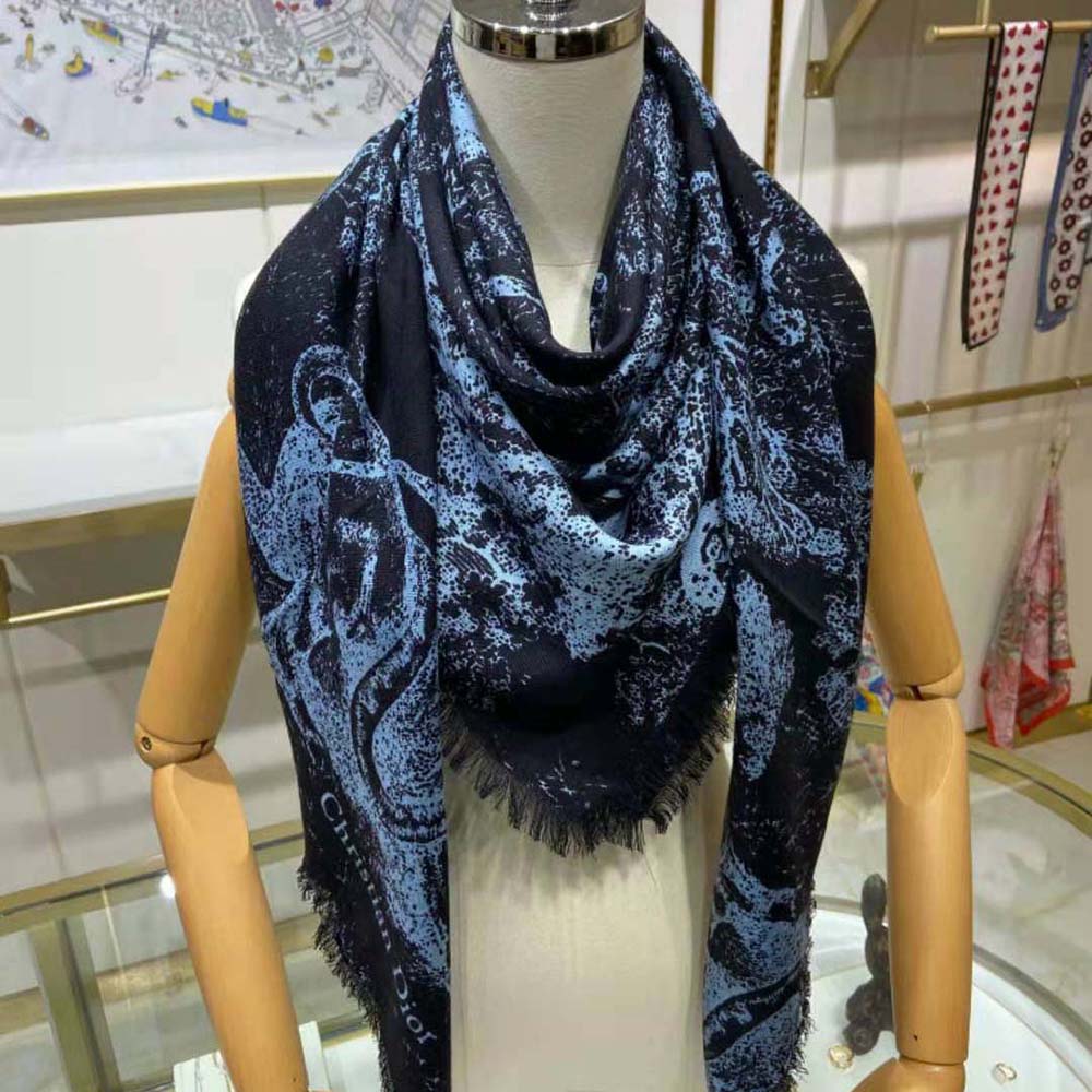 Dior Women Toile DE Jouy Reverse Square Scarf Silk Twill-Navy styled on model's neck