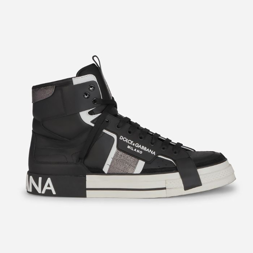 Side view of Dolce Gabbana D&G Men Calfskin 2.Zero Custom High-Top Sneakers with Contrasting Details-Black