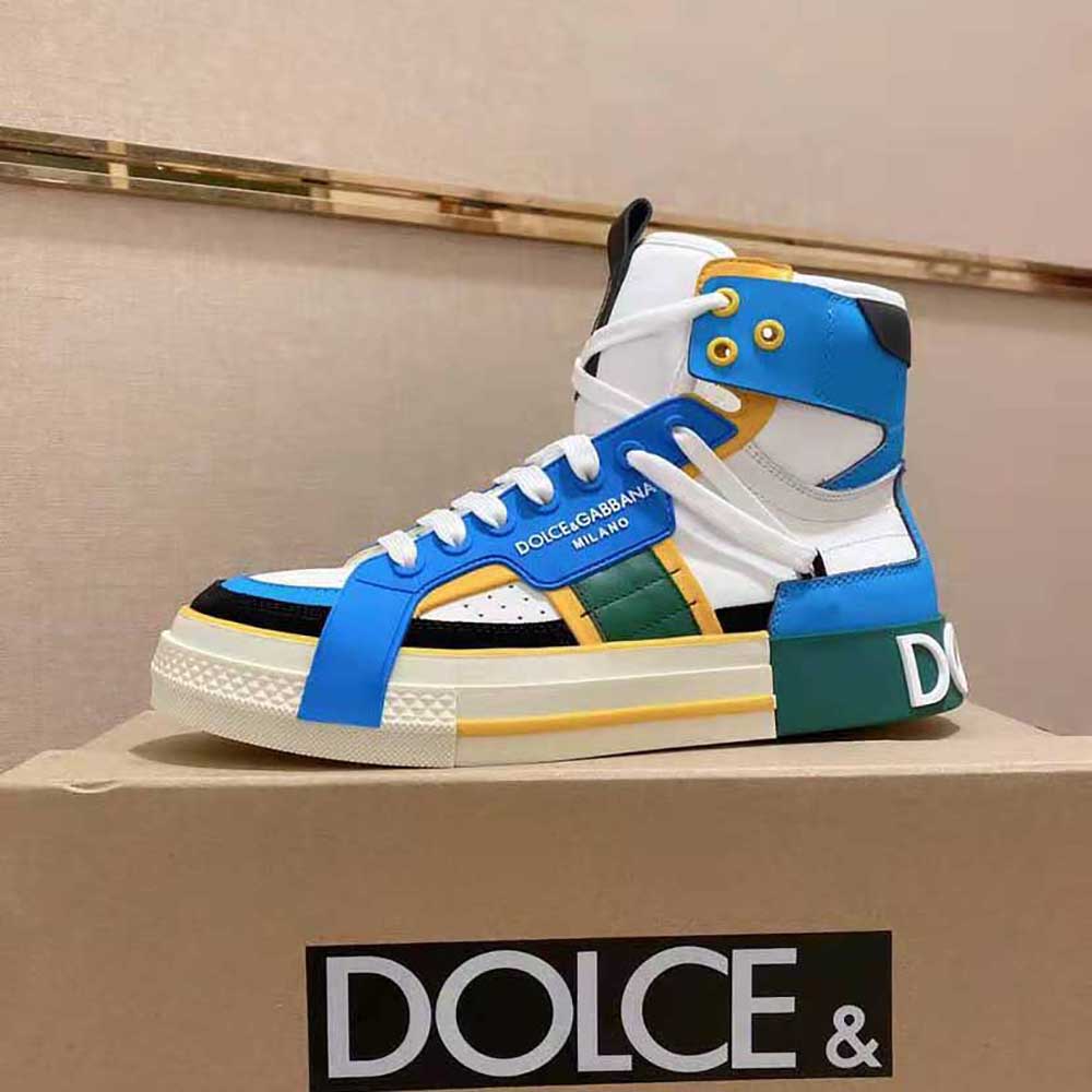 Close-up on contrasting leather detail of Dolce Gabbana D&G high-top sneakers