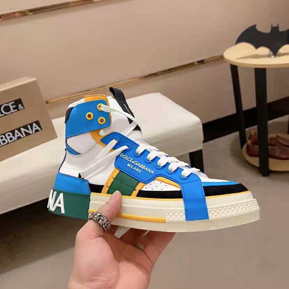 Top view showing lace-up closure on Dolce Gabbana D&G blue calfskin sneakers