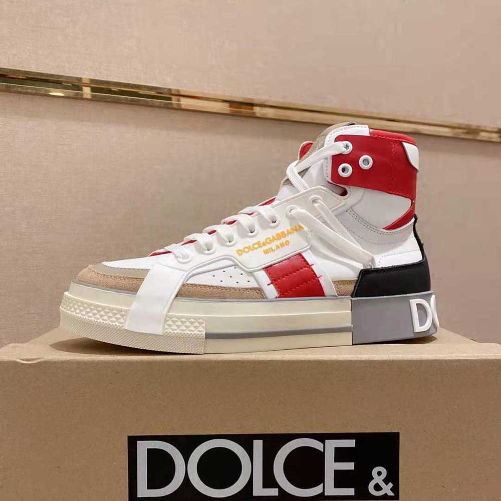 Close-up of contrasting details on Dolce Gabbana D&G red high-top sneakers