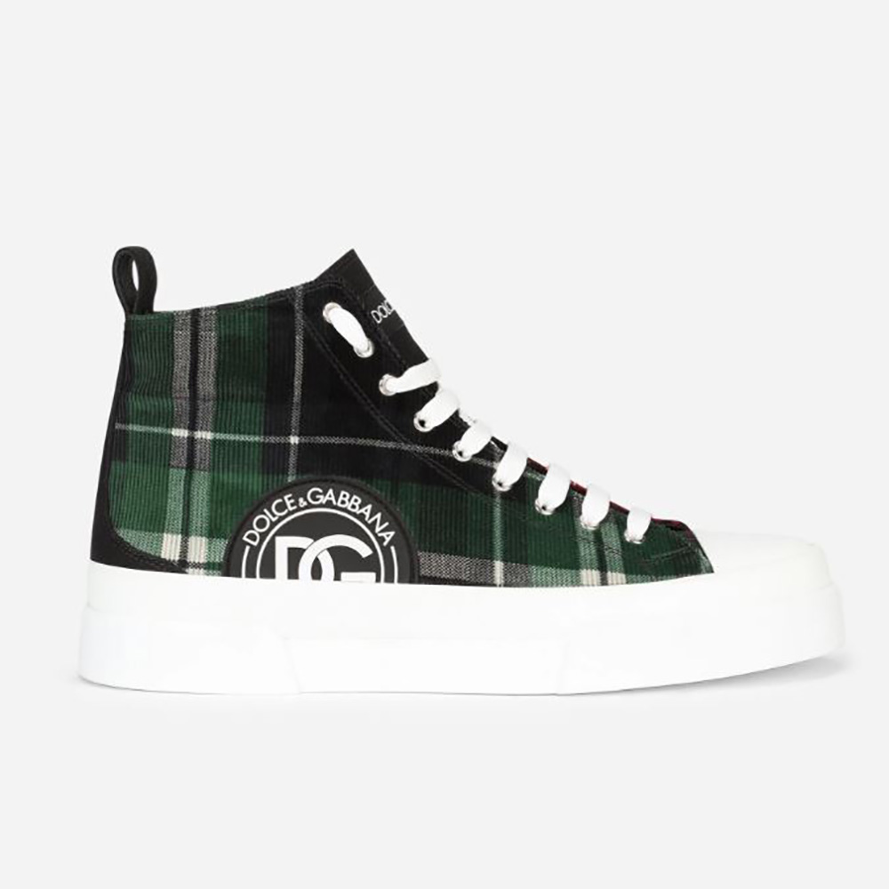 Side profile of Dolce Gabbana D&G Unisex Two-Tone Tartan Portofino Light Mid-Top Sneakers