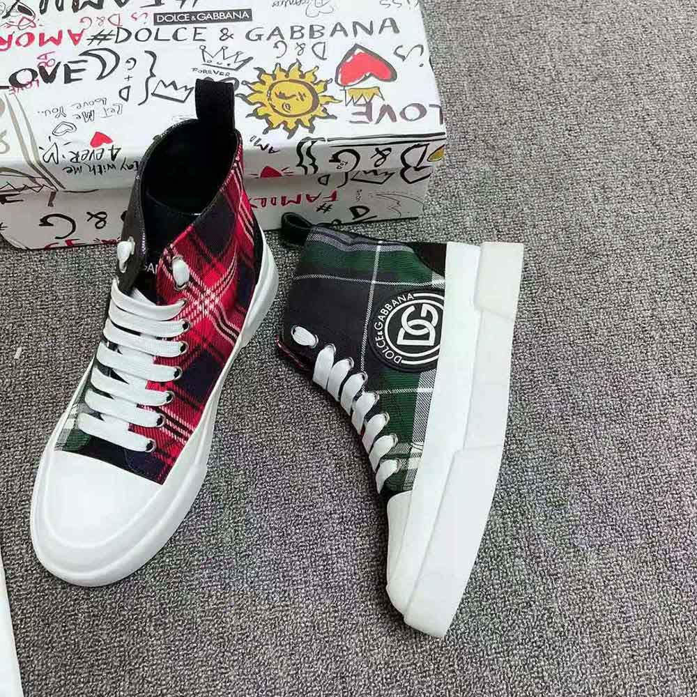 Overhead view showing lace-up design of Dolce Gabbana D&G Two-Tone Tartan sneakers