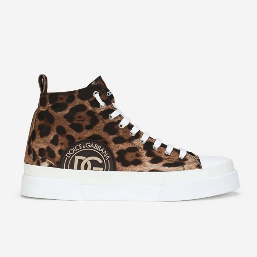 Side profile of Dolce Gabbana D&G Women Cotton drill Portofino Light Mid-Top Sneakers with Leopard Print
