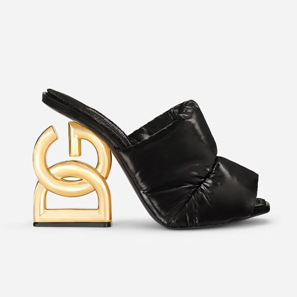 Side profile of Dolce Gabbana D&G Women Down-Padded Mules with DG Pop Heel-Black