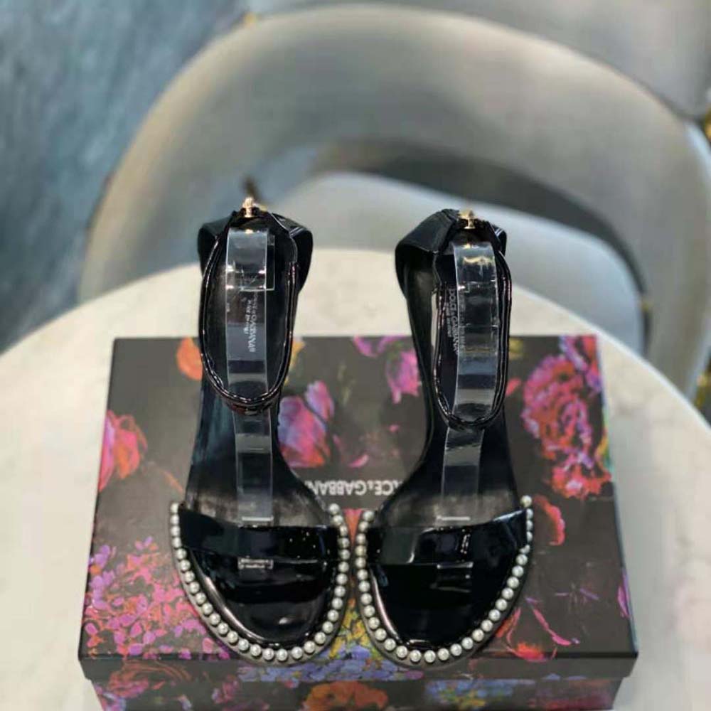 Close-up on pearl embellishments on Dolce Gabbana D&G Women Patent Leather Sandals