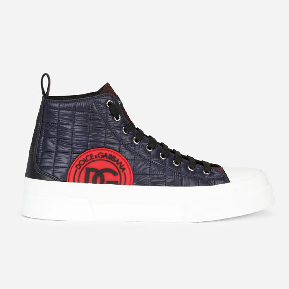 Side angle of Dolce Gabbana D&G Unisex Quilted Two-Tone Nylon Portofino Light Mid-Top Sneakers-Navy