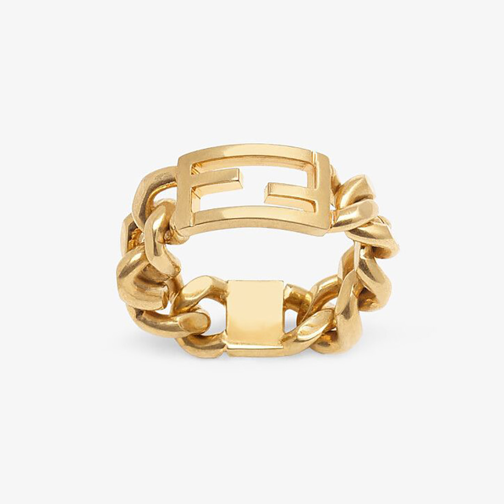 Close-up front view of Fendi Women Baguette Chain Gold-Colored Ring showing chain detail