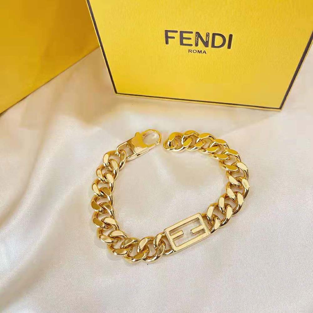 Side angle showing sleek baguette silhouette of Fendi bracelet