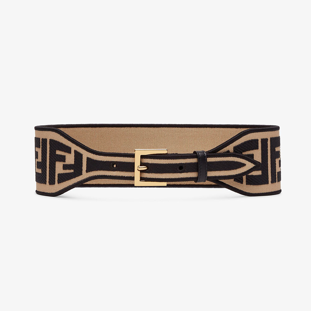 Front view of Fendi Women Canvas High Waist Belt 6 cm-Brown with gold hardware
