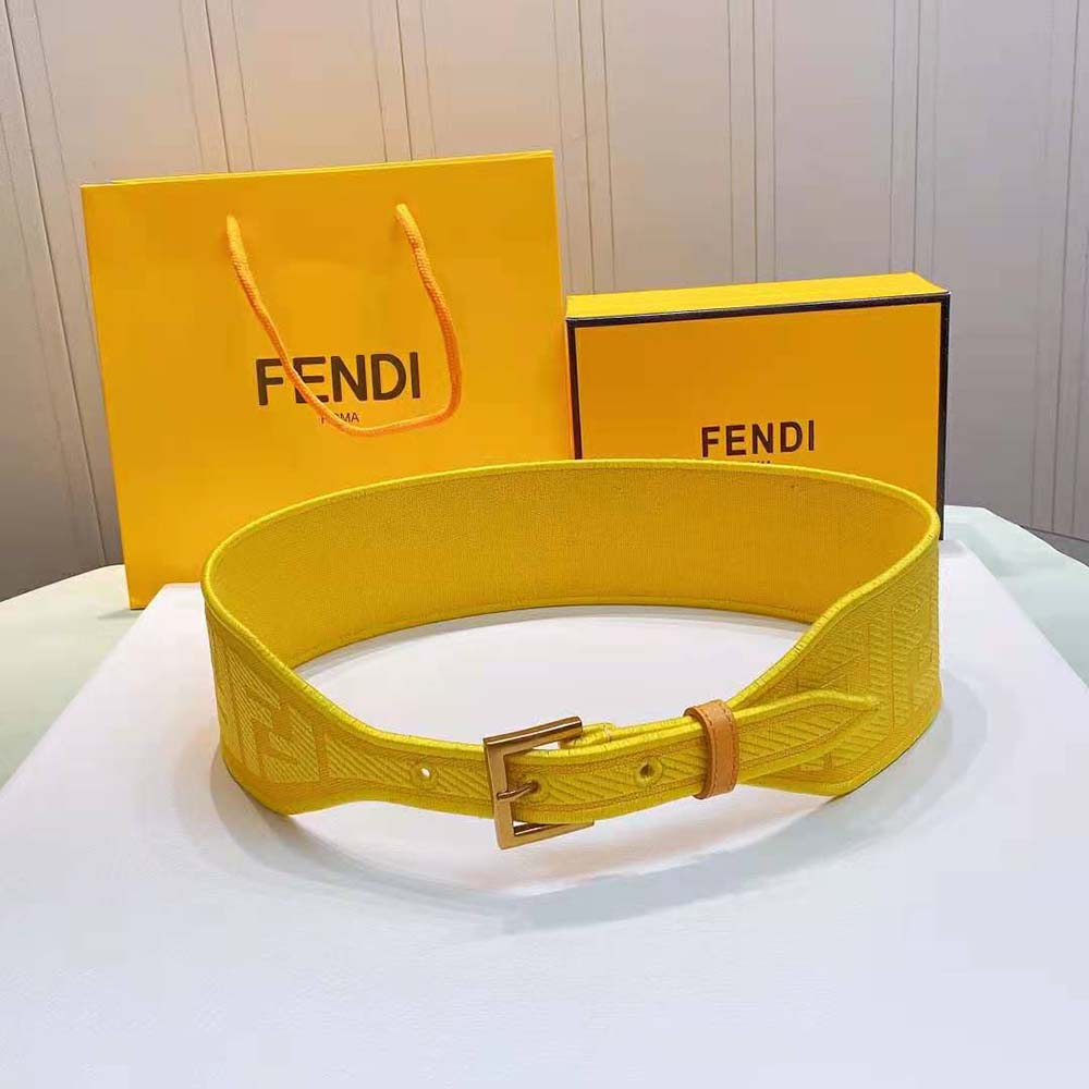 Fendi Women Canvas High Waist Belt 6 cm-Yellow styled on waist front view