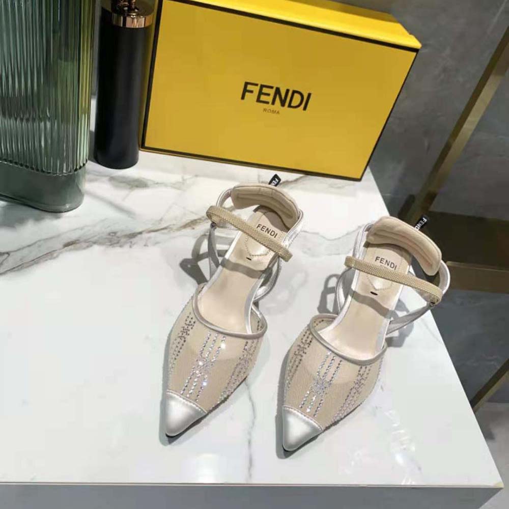 Fendi Women Colibri Medium Heel Pink Mesh Slingbacks with Rhinestone Embroidery - image 2