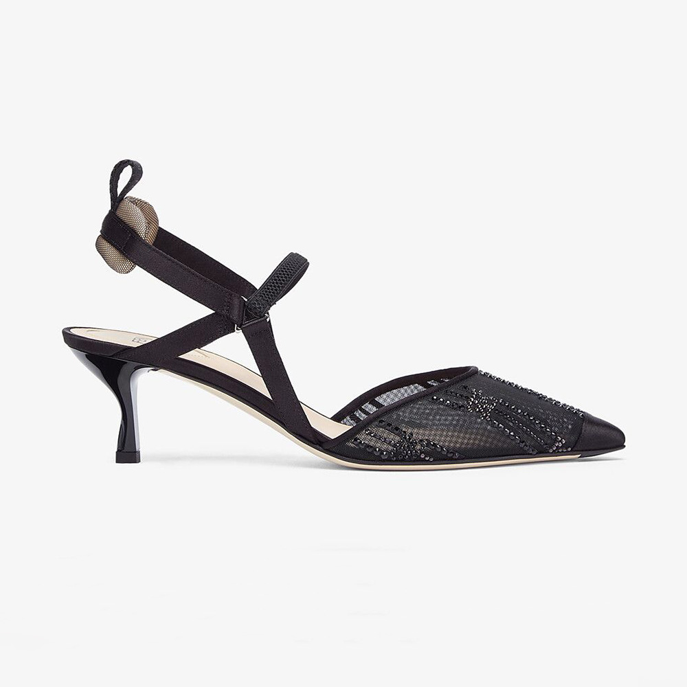 Side view of Fendi Women Colibri Medium Heel Slingbacks in Black Mesh
