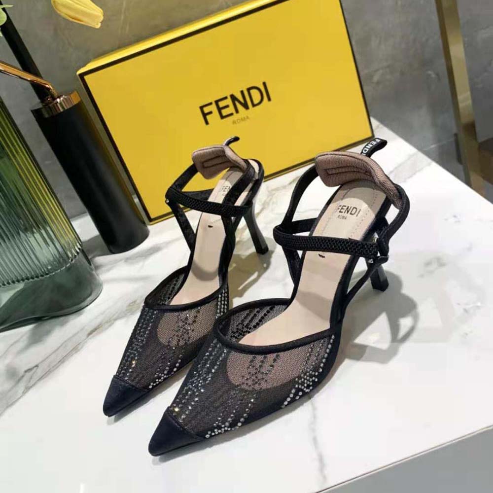 Fendi Women Colibri Medium Heel Slingbacks in Black Mesh with Rhinestone Embroidery - image 6