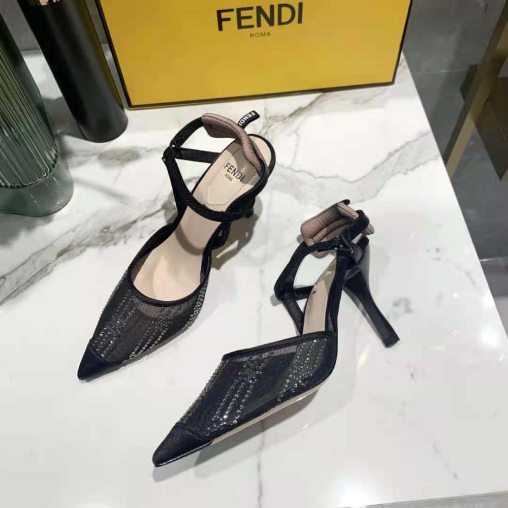 Fendi Women Colibri Medium Heel Slingbacks in Black Mesh with Rhinestone Embroidery - image 5