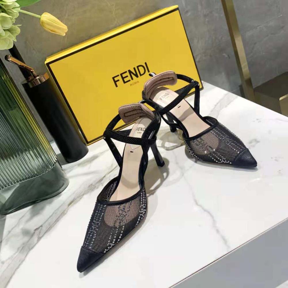 Fendi Women Colibri Medium Heel Slingbacks in Black Mesh with Rhinestone Embroidery - image 4
