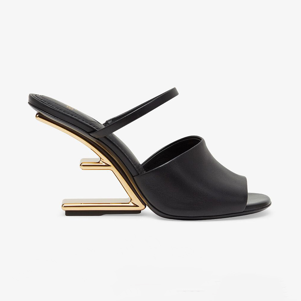 Side view of Fendi Women First Black Leather High-Heeled Sandals showcasing silhouette