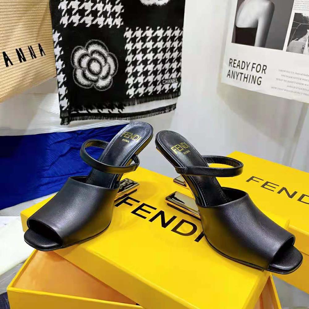 Top view highlighting open-toe detail of Fendi Women First Black Leather High-Heeled Sandals