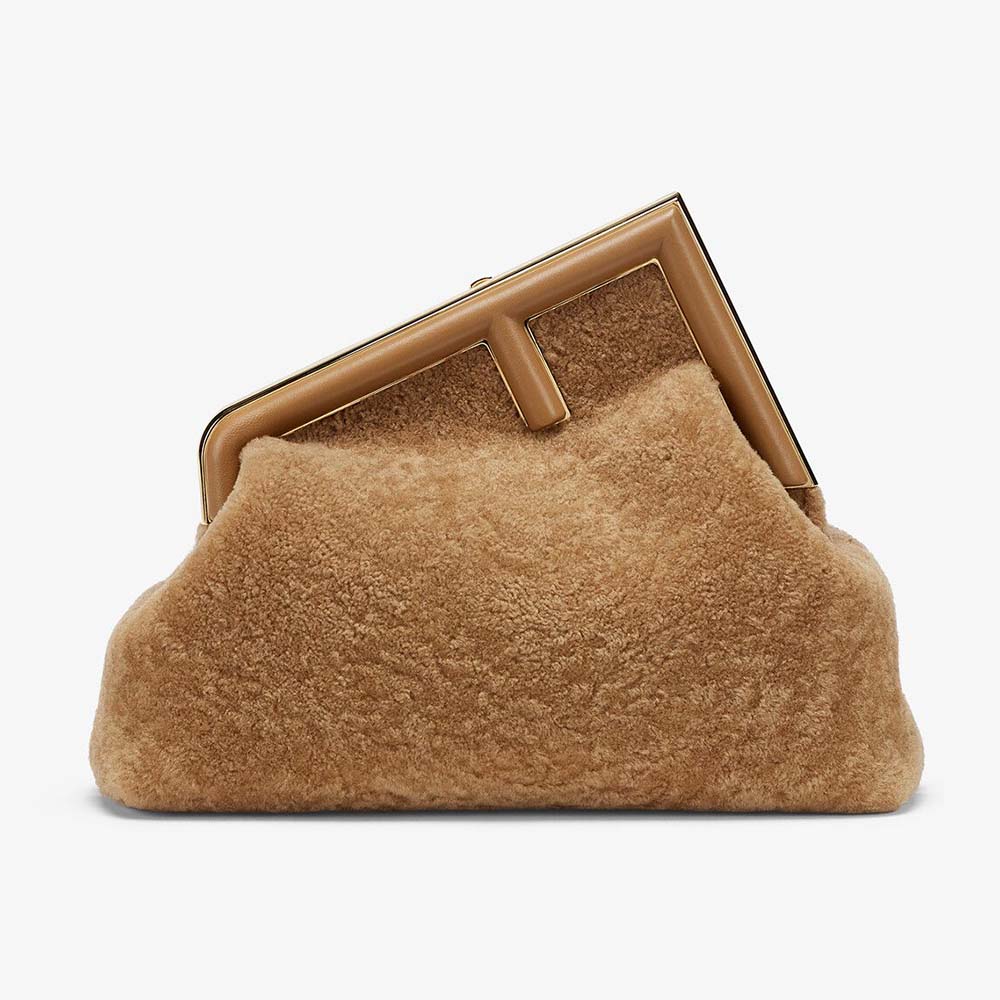 Front view of Fendi Women First Medium Beige Sheepskin Bag in brown