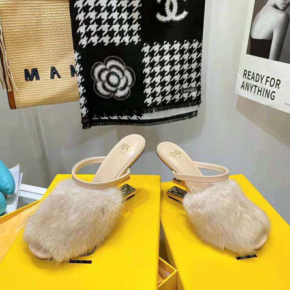 Rear view highlighting heel and leather sole on Fendi Women First Pink Mink High-Heeled Sandals