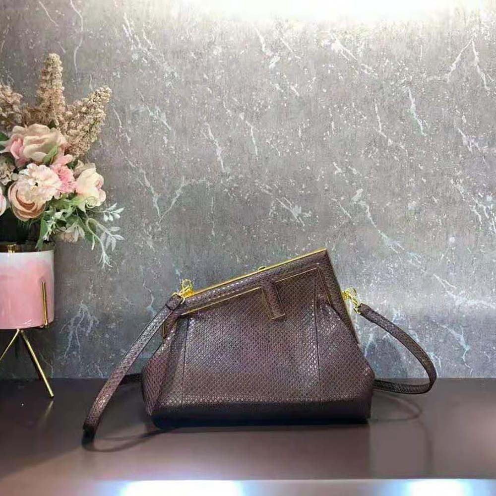 Close-up on gold-tone hardware of Fendi Women First Small Python Bag