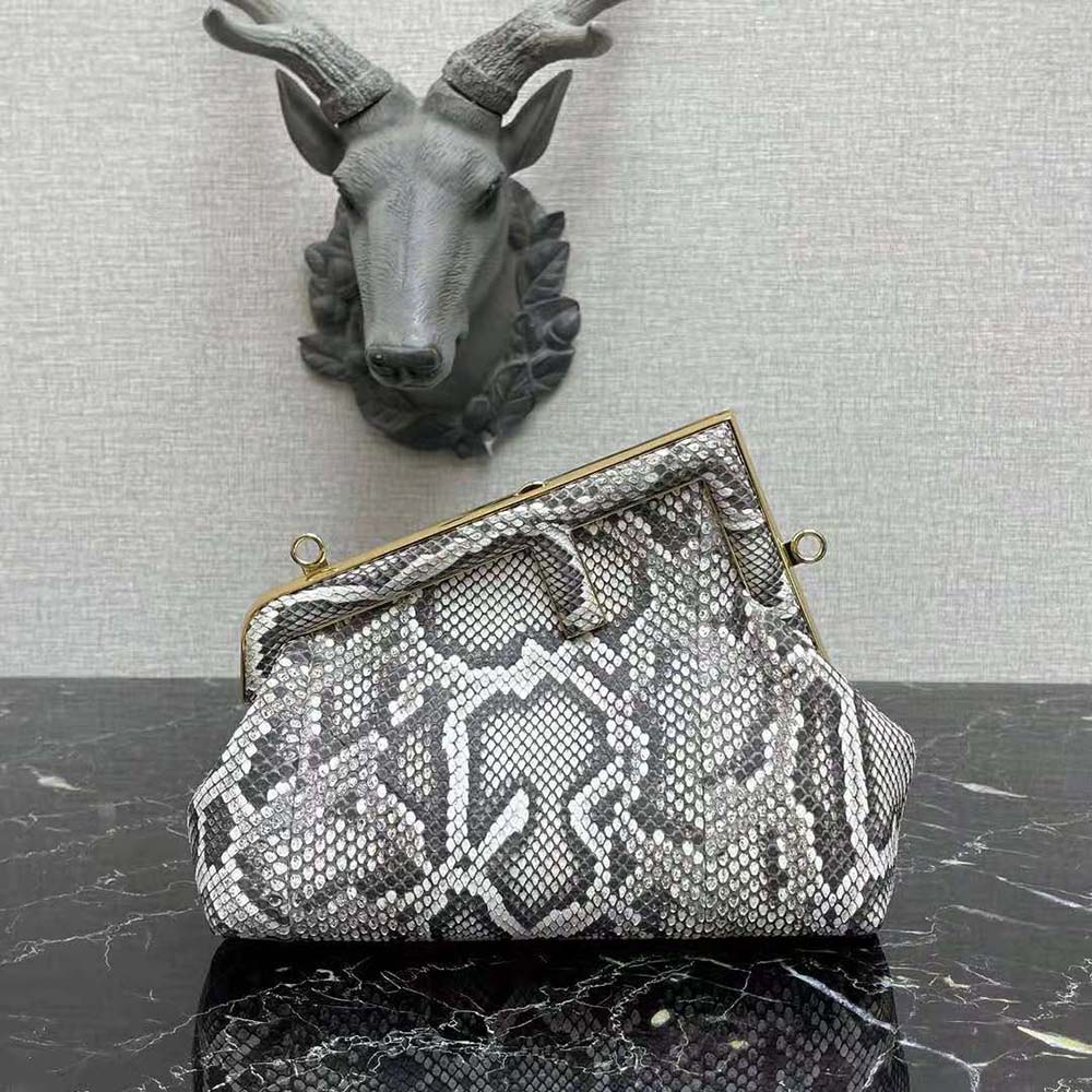 Close-up of gold Fendi clasp on Women First Small Python Leather Bag