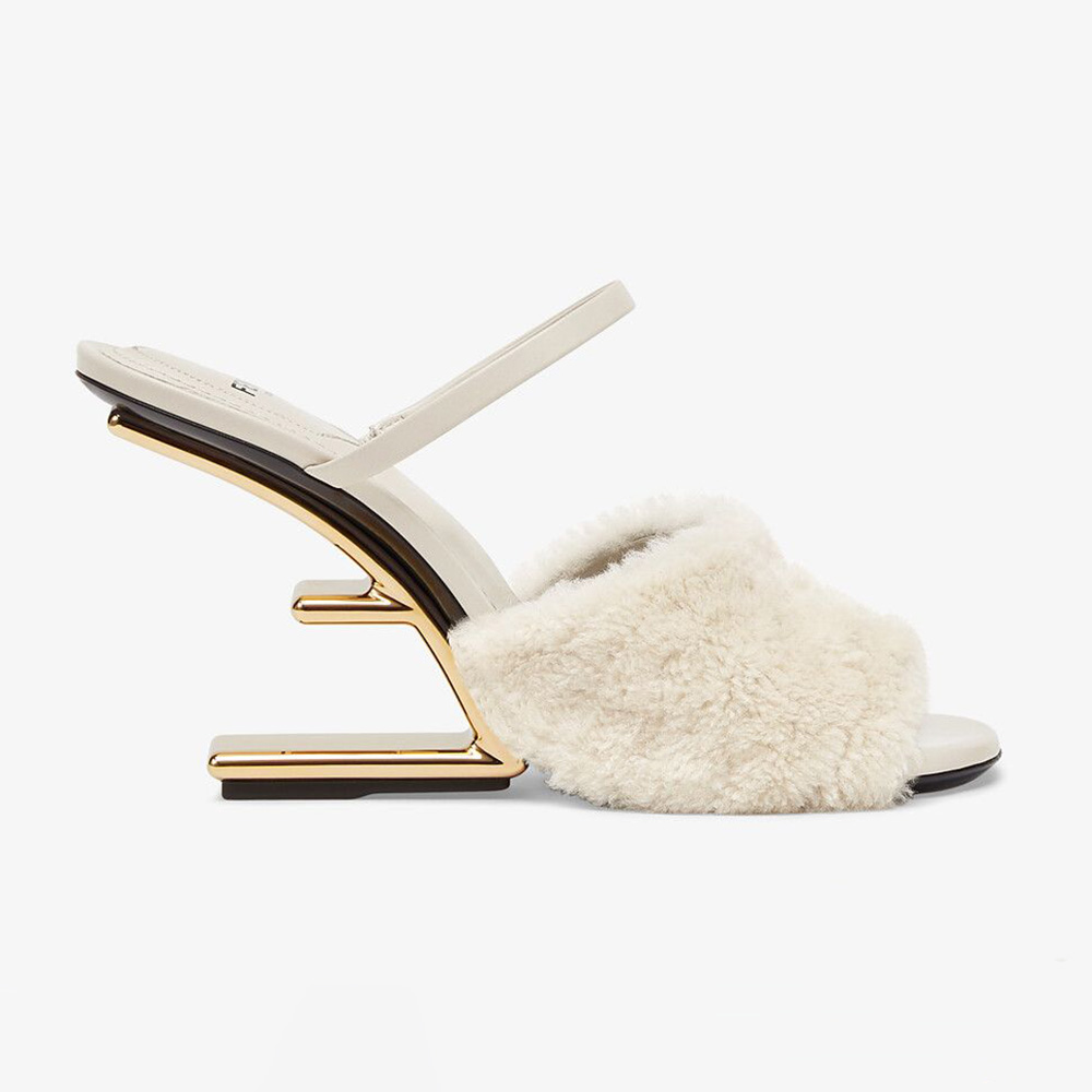 Side view of Fendi Women First White Sheepskin High-Heeled Sandals