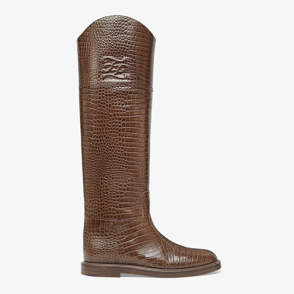 Side view of Fendi Women Karligraphy Brown Leather Boots with logo detail