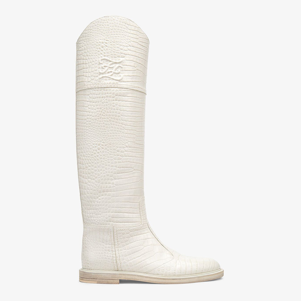 Side view of Fendi Women Karligraphy White Leather Boots showing silhouette