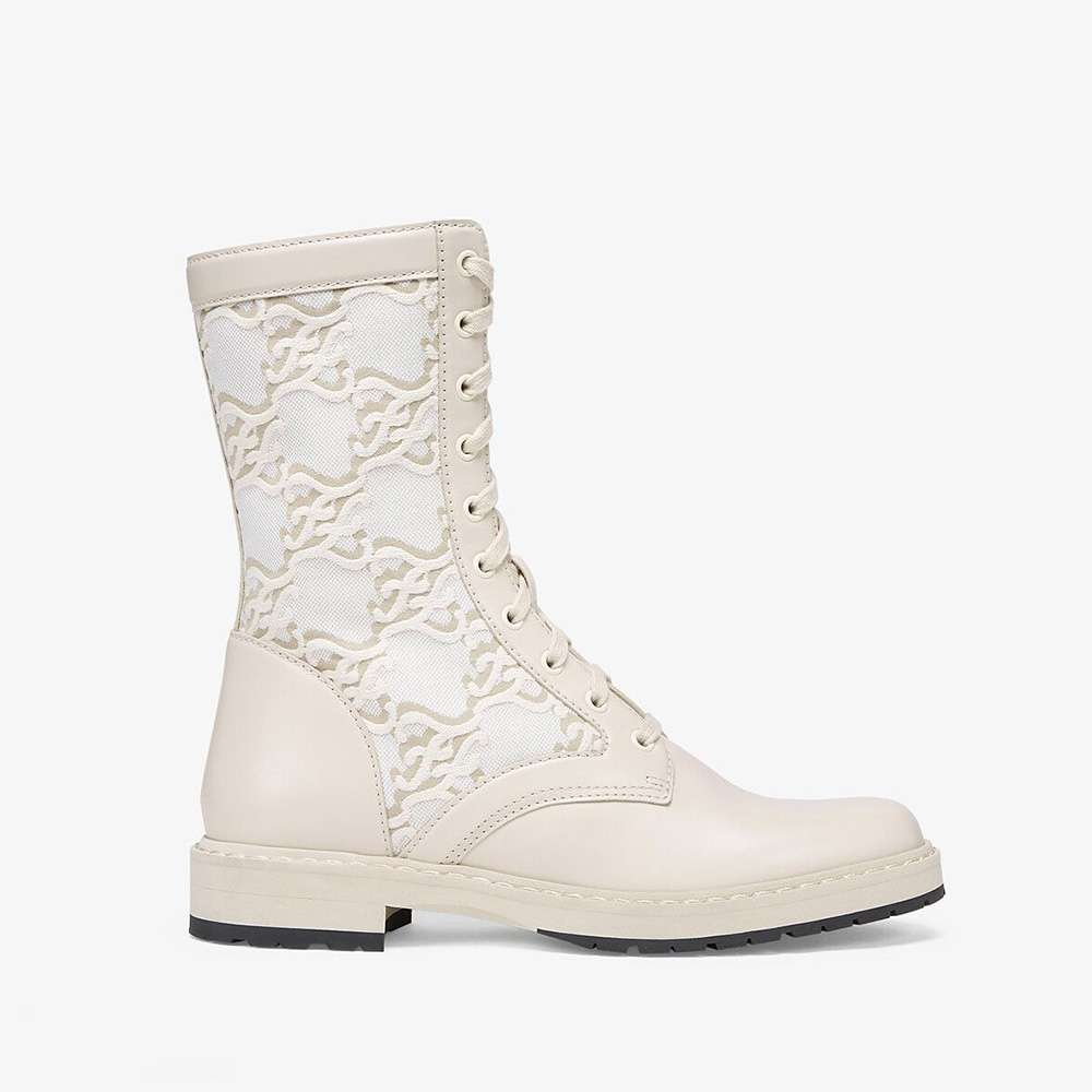Side view of Fendi Women Signature White Leather Biker Boots showing zip and hardware