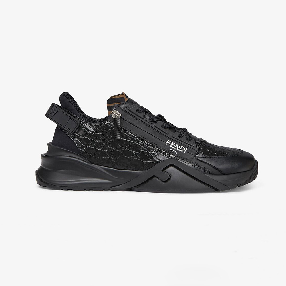 Side view of Fendi Women Sneakers Black Caiman Low-Tops showing textured leather
