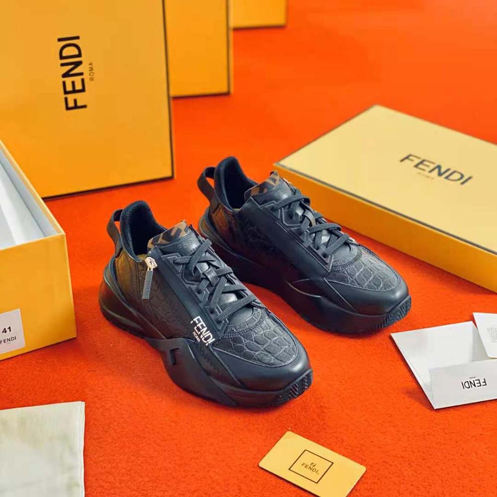 Close-up of black caiman leather and lace-up on Fendi Women Sneakers