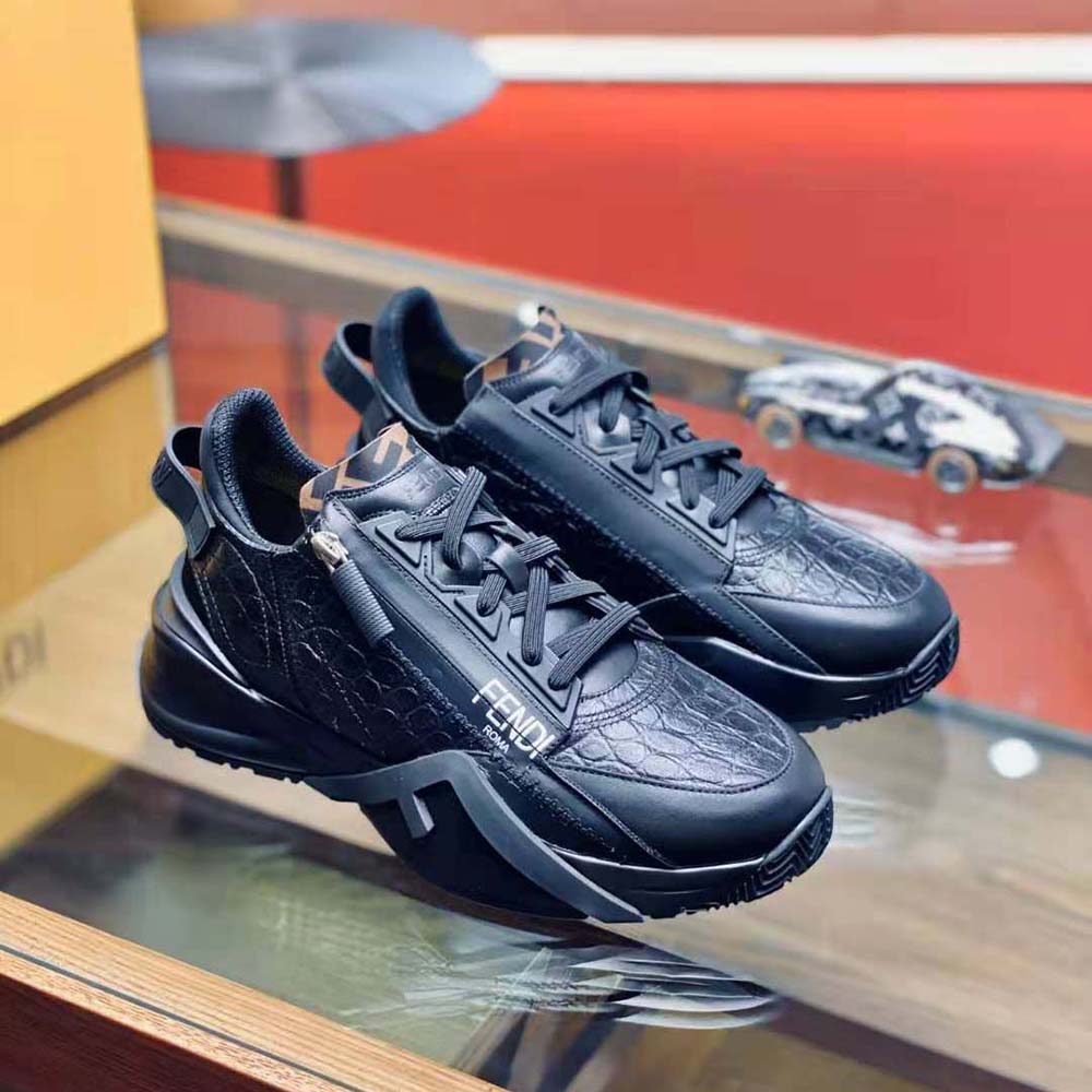 Top angle showcasing sleek low-top silhouette of Fendi Women Sneakers Black Caiman