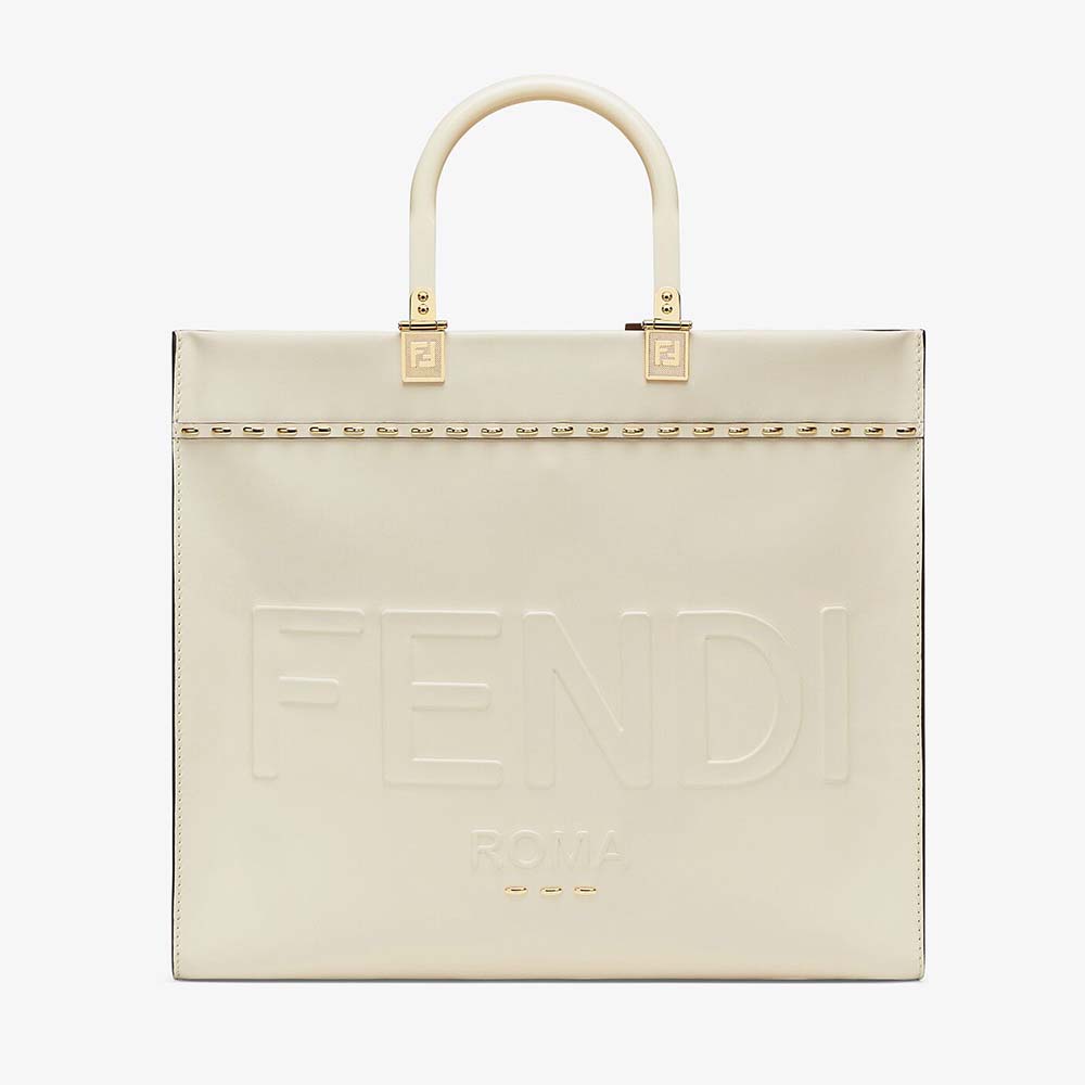 Front view of Fendi Women Sunshine Medium White Leather Shopper in white leather