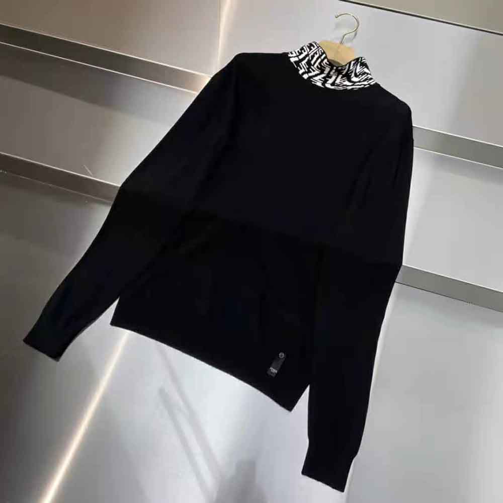 Close-up of turtleneck and wool texture on Fendi jumper