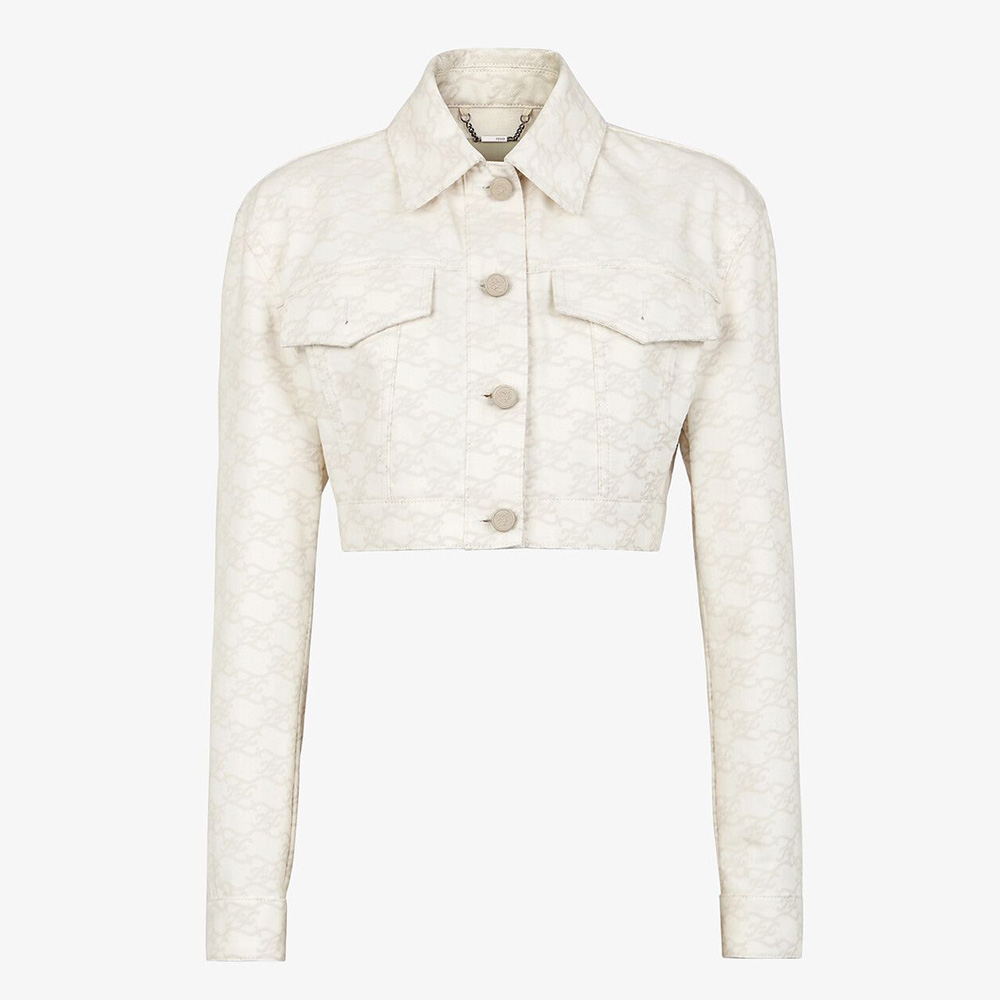 Front view of Fendi Women White Denim Cropped Jacket with button closure