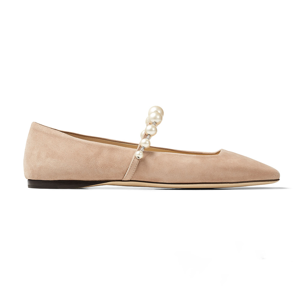 Front angle view of Jimmy Choo Women ADE Flat Ballet Pink Suede Flats