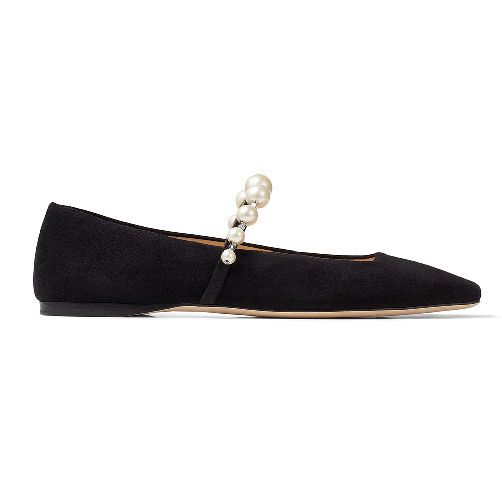 Side view of Jimmy Choo Women ADE Flat Black Suede Flats with Pearl Embellishment
