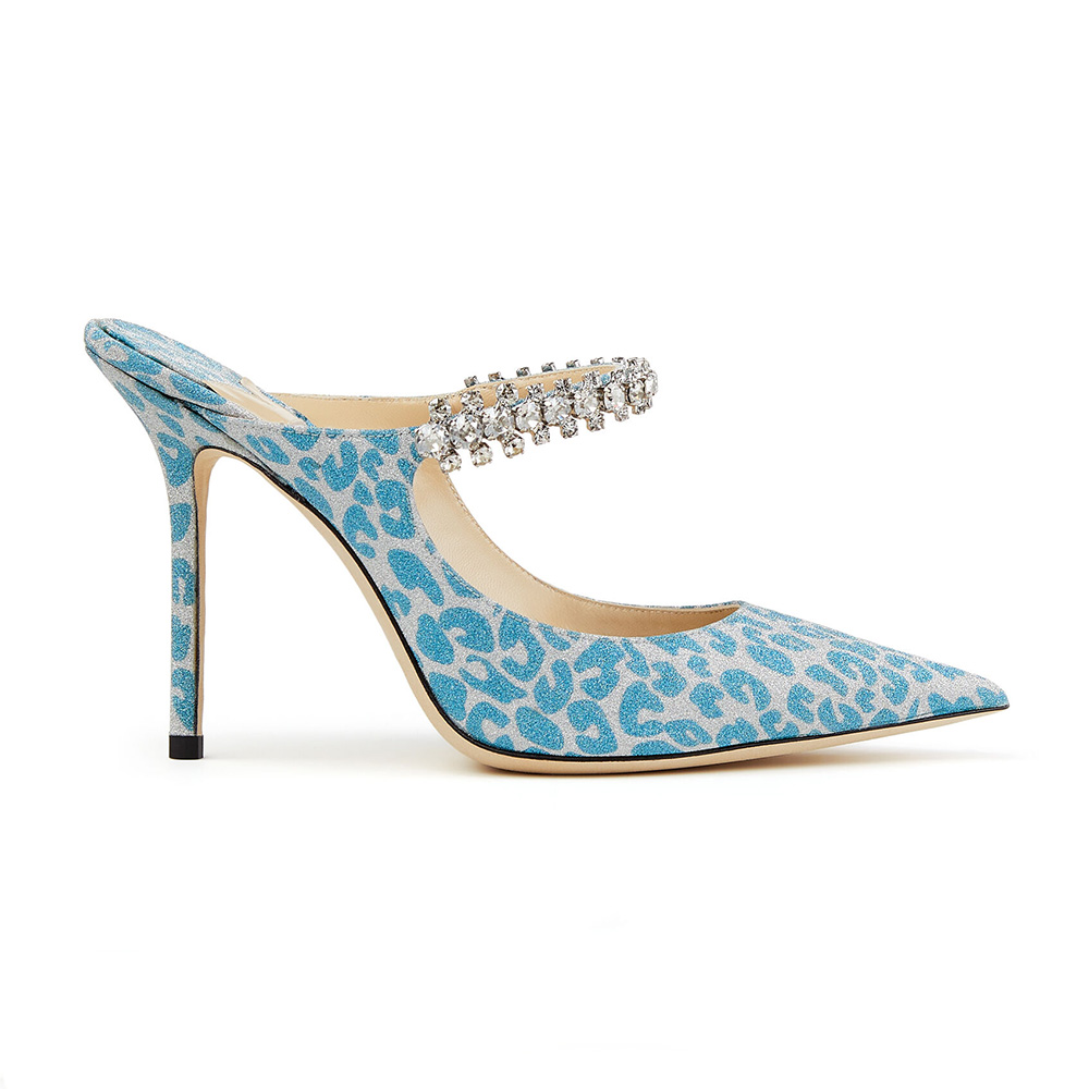 Side view of Jimmy Choo Women Bing 100 Butterfly Blue Leopard Print Glitter Mules