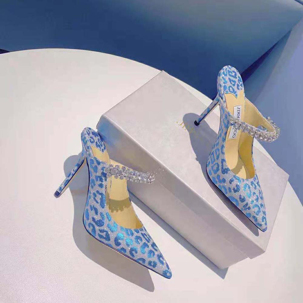 Jimmy Choo Women Bing 100 Butterfly Blue Leopard Print Glitter Mules with Crystal Strap - image 6