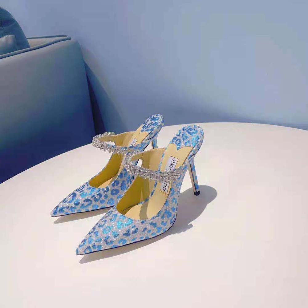 Jimmy Choo Women Bing 100 Butterfly Blue Leopard Print Glitter Mules with Crystal Strap - image 5