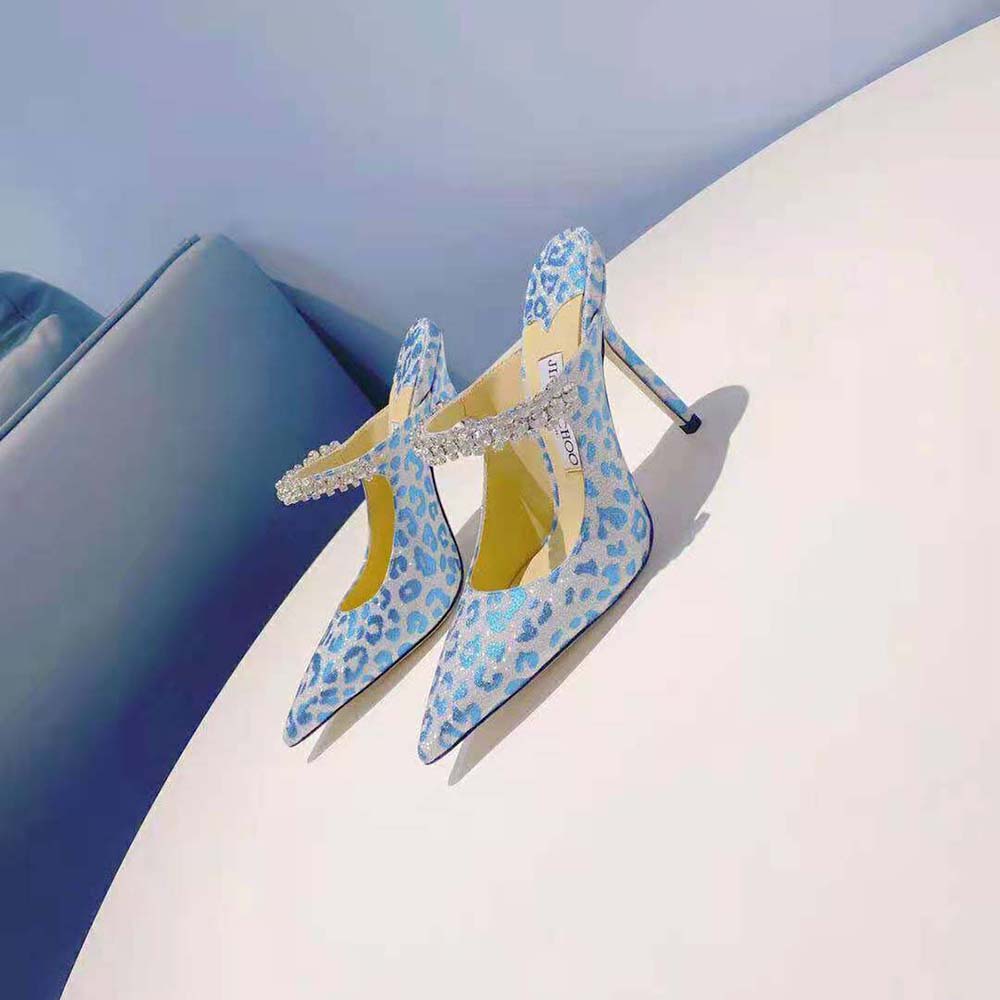 Jimmy Choo Women Bing 100 Butterfly Blue Leopard Print Glitter Mules with Crystal Strap - image 4