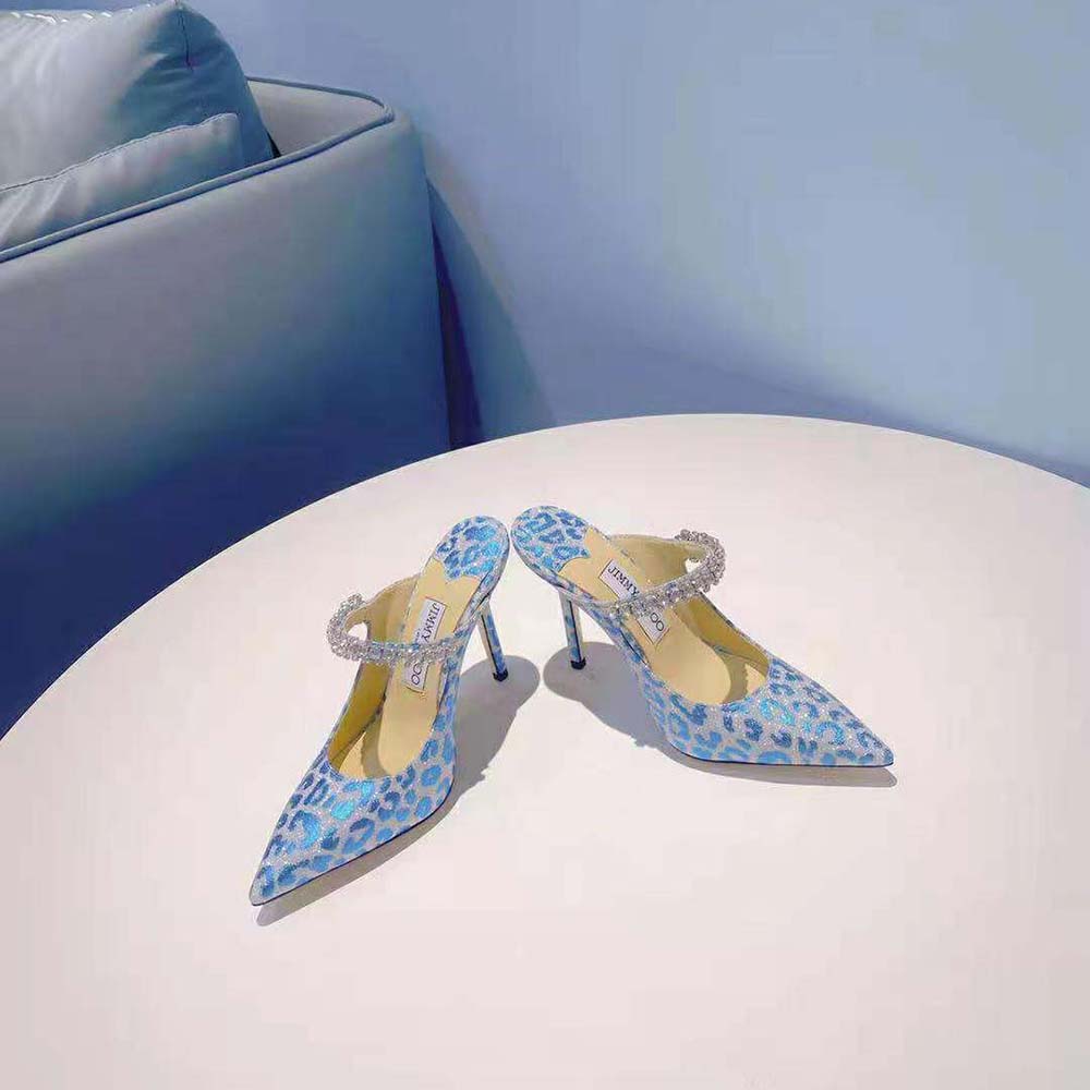 Top view showing blue leopard print glitter on Jimmy Choo Women Bing 100 Mules