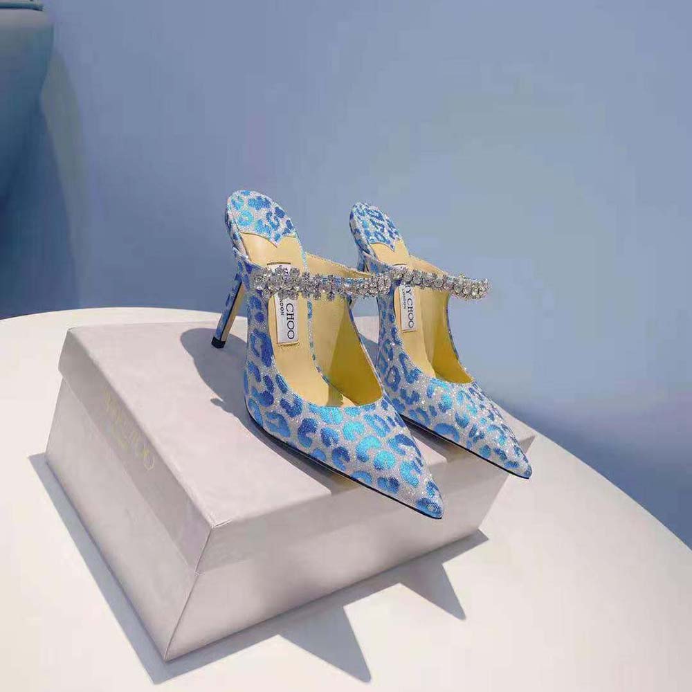 Close-up of crystal strap on Jimmy Choo Women Bing 100 Butterfly Blue Mules
