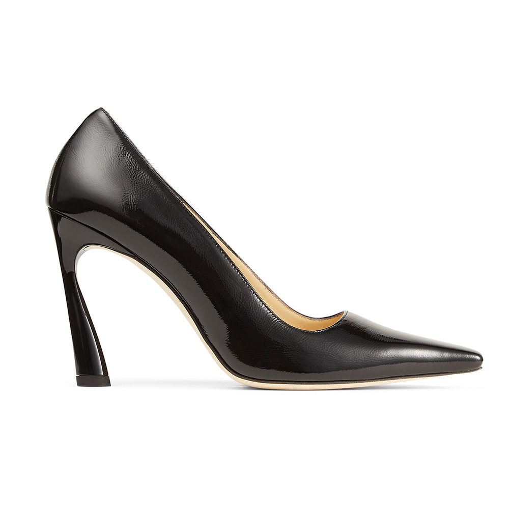 Side view of Jimmy Choo Women Brittany 100 Black Naplack Pumps with angled heel