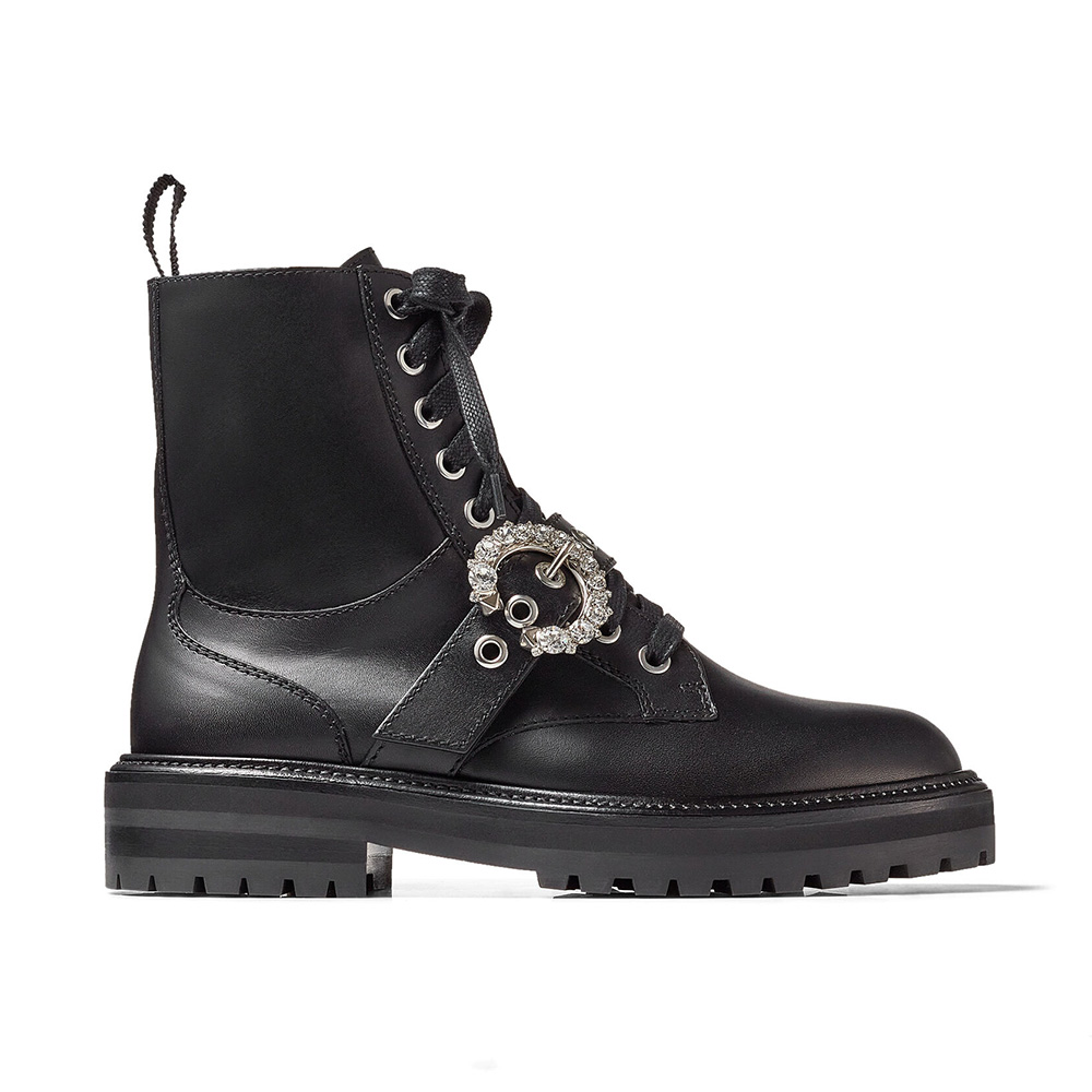 Side view of Jimmy Choo Women Cora Flat Crystal Black Soft Calf Leather Combat Boots