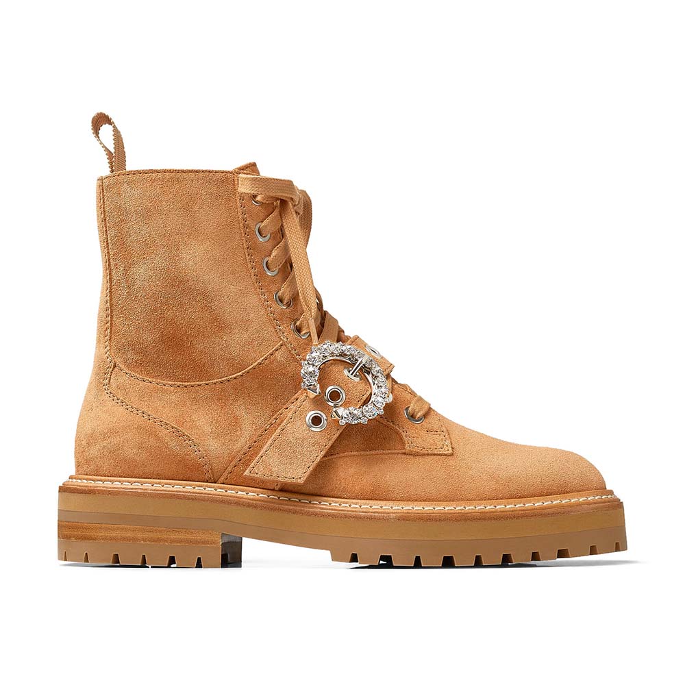 Side profile of Jimmy Choo Women Cora Flat Crystal Caramel Suede Combat Boots