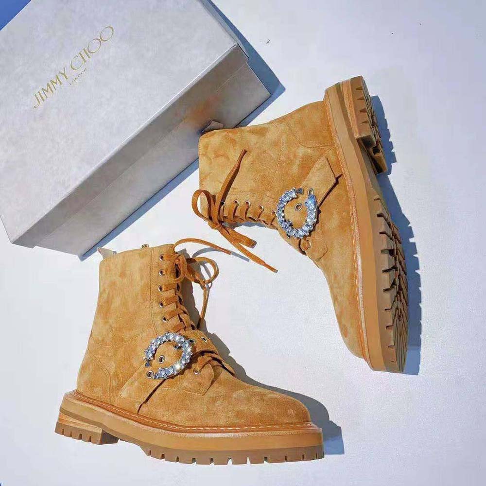 Jimmy Choo Women Cora Flat/Crystal Caramel Suede Combat Boots with Crystal Buckle - image 8