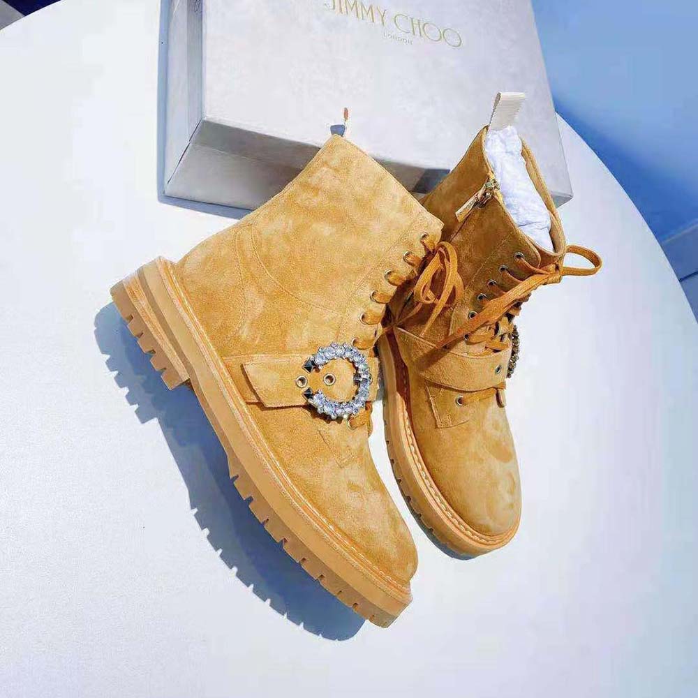 Jimmy Choo Women Cora Flat/Crystal Caramel Suede Combat Boots with Crystal Buckle - image 5